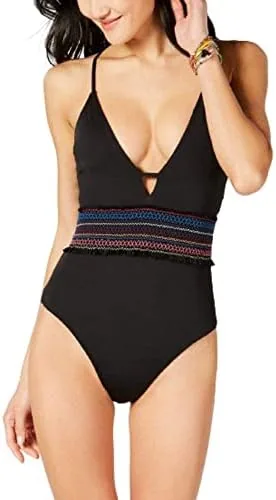 bar iii smocked plunging one piece swimsuit in black medium